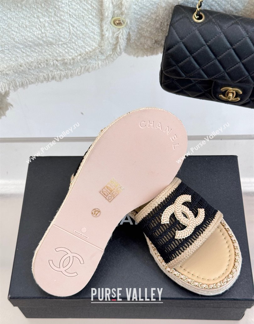 Chanel Crochet Flat Slides Sandal with Chain Beige/Black 2025 CH061004 (MD-250610017)