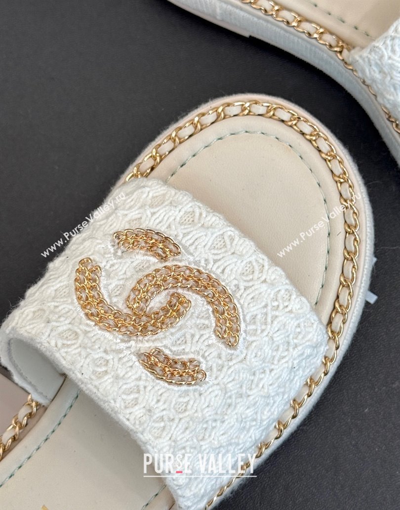 Chanel Knit Flat Slides Sandal with Chain White 2025 CH061001 (MD-250610004)