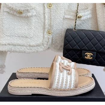 Chanel Crochet Flat Slides Sandal with Chain Beige/White 2025 CH061004 (MD-250610019)