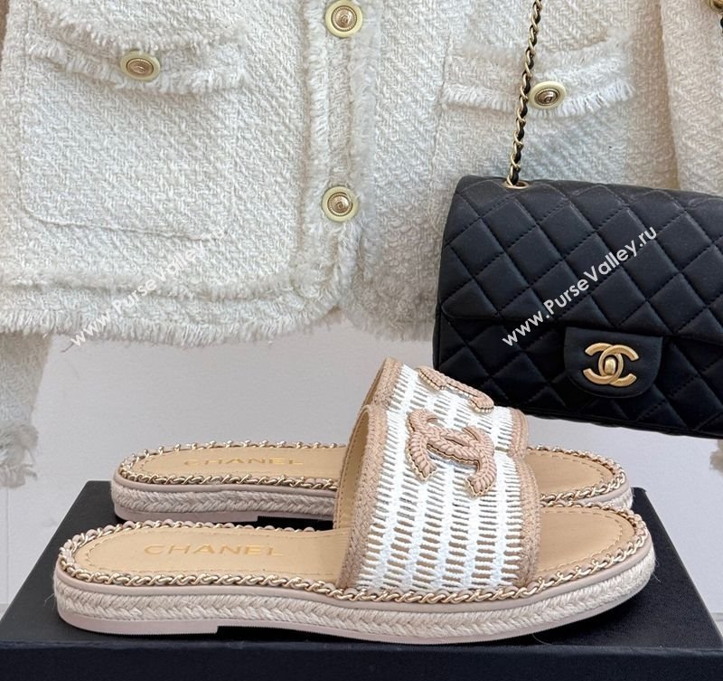 Chanel Crochet Flat Slides Sandal with Chain Beige/White 2025 CH061004 (MD-250610019)