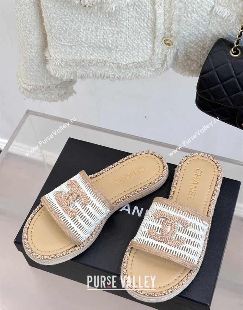 Chanel Crochet Flat Slides Sandal with Chain Beige/White 2025 CH061004 (MD-250610019)