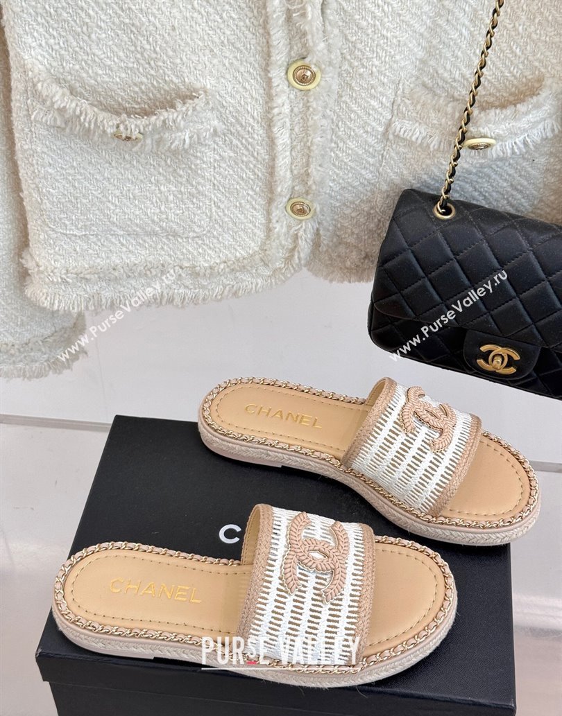 Chanel Crochet Flat Slides Sandal with Chain Beige/White 2025 CH061004 (MD-250610019)