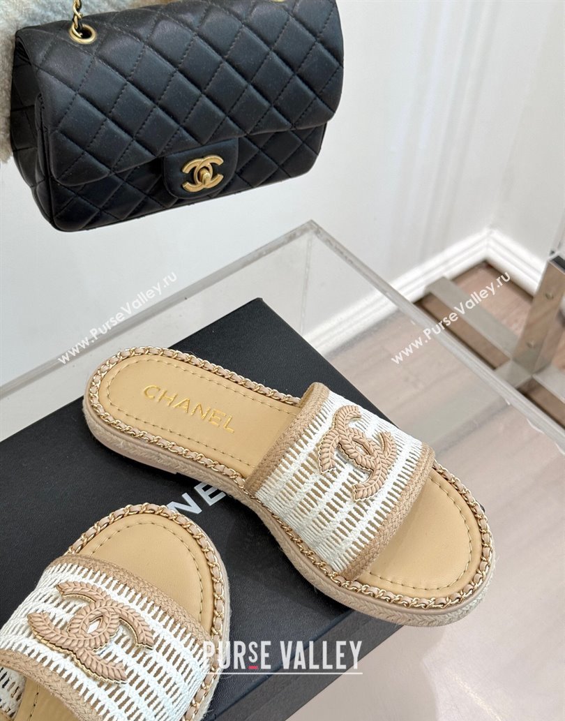 Chanel Crochet Flat Slides Sandal with Chain Beige/White 2025 CH061004 (MD-250610019)