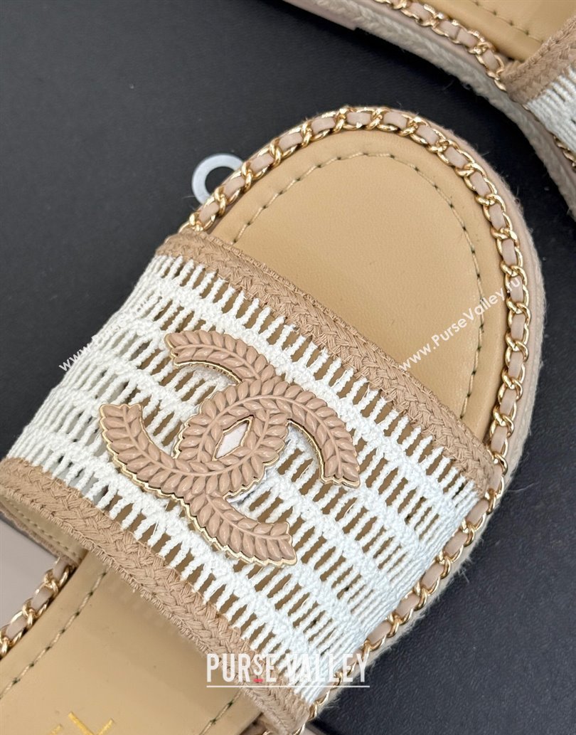 Chanel Crochet Flat Slides Sandal with Chain Beige/White 2025 CH061004 (MD-250610019)