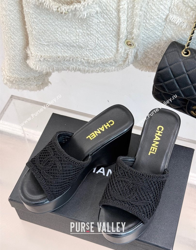 Chanel Crochet Mesh Wedge Slides Sandal Black 2025 CH061005 (MD-250610020)