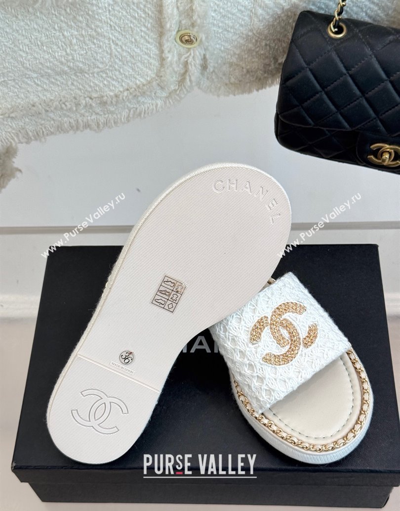 Chanel Knit Flat Slides Sandal with Chain White 2025 CH061001 (MD-250610004)