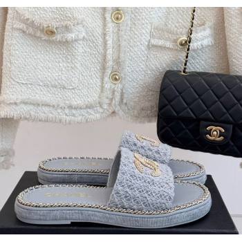 Chanel Knit Flat Slides Sandal with Chain Grey 2025 CH061001 (MD-250610005)