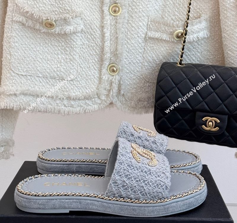 Chanel Knit Flat Slides Sandal with Chain Grey 2025 CH061001 (MD-250610005)