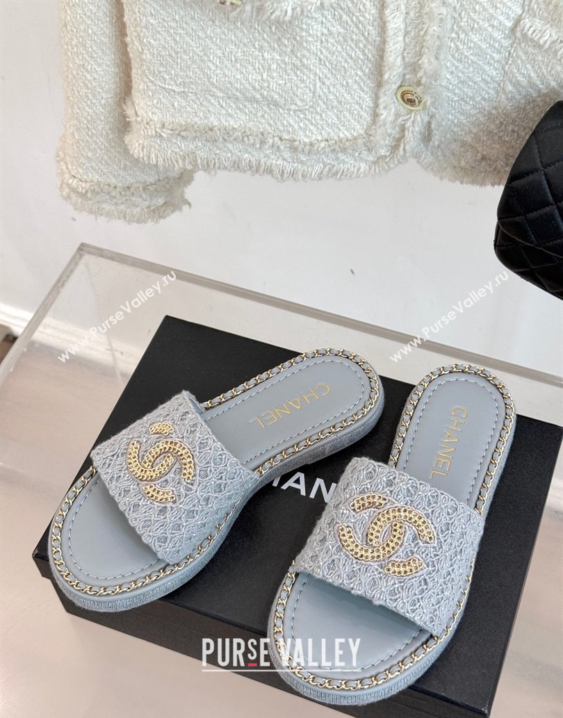 Chanel Knit Flat Slides Sandal with Chain Grey 2025 CH061001 (MD-250610005)