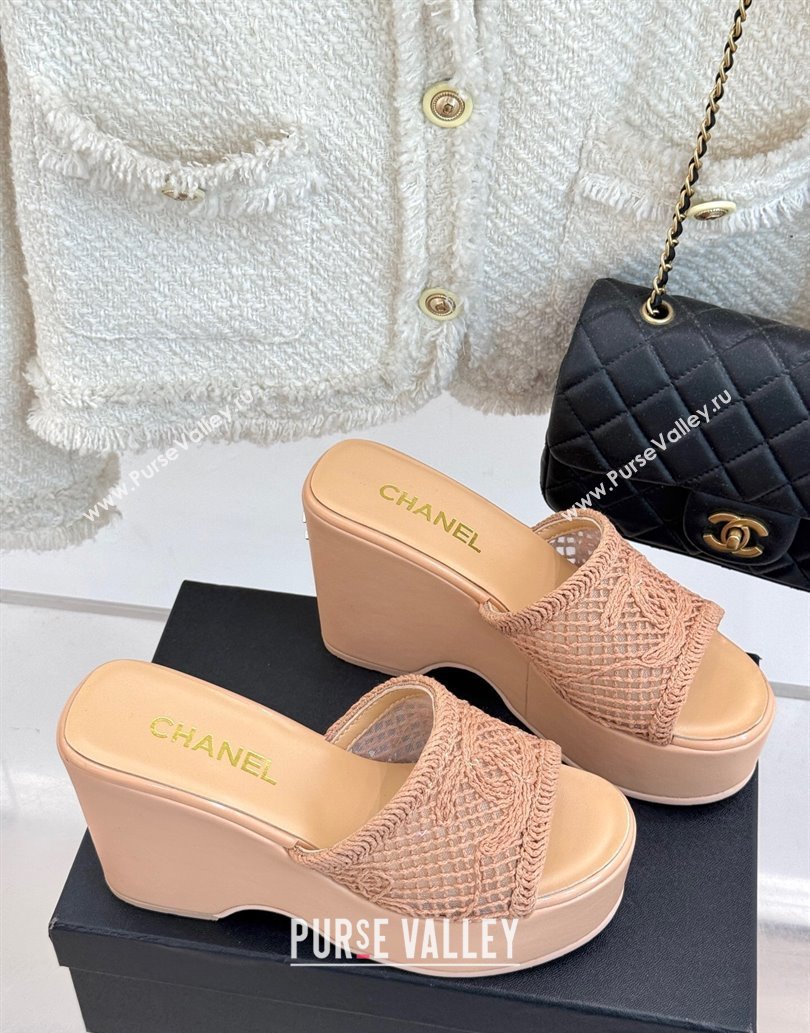 Chanel Crochet Mesh Wedge Slides Sandal Rose Beige 2025 CH061005 (MD-250610023)