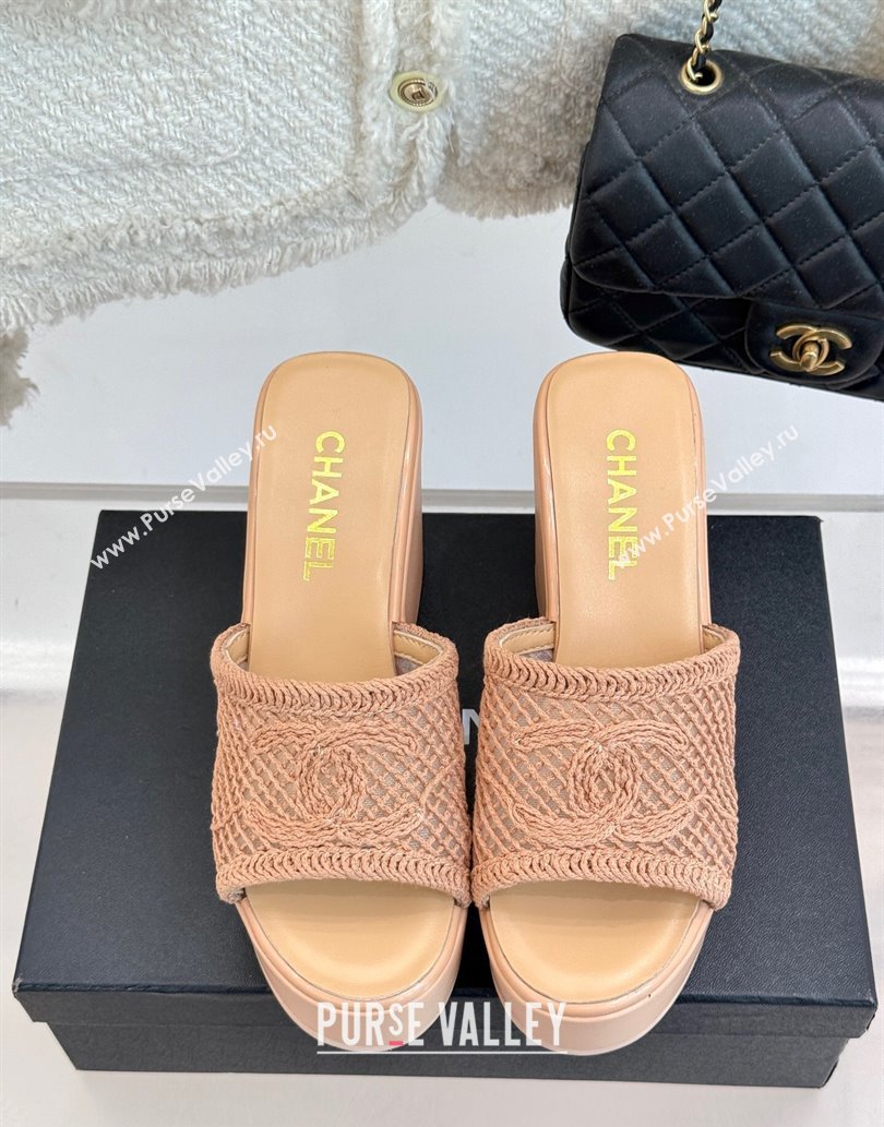 Chanel Crochet Mesh Wedge Slides Sandal Rose Beige 2025 CH061005 (MD-250610023)