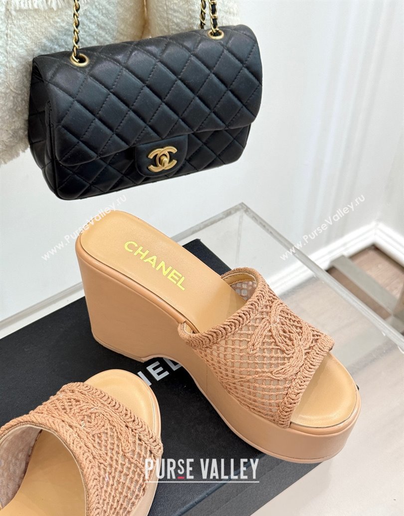 Chanel Crochet Mesh Wedge Slides Sandal Rose Beige 2025 CH061005 (MD-250610023)