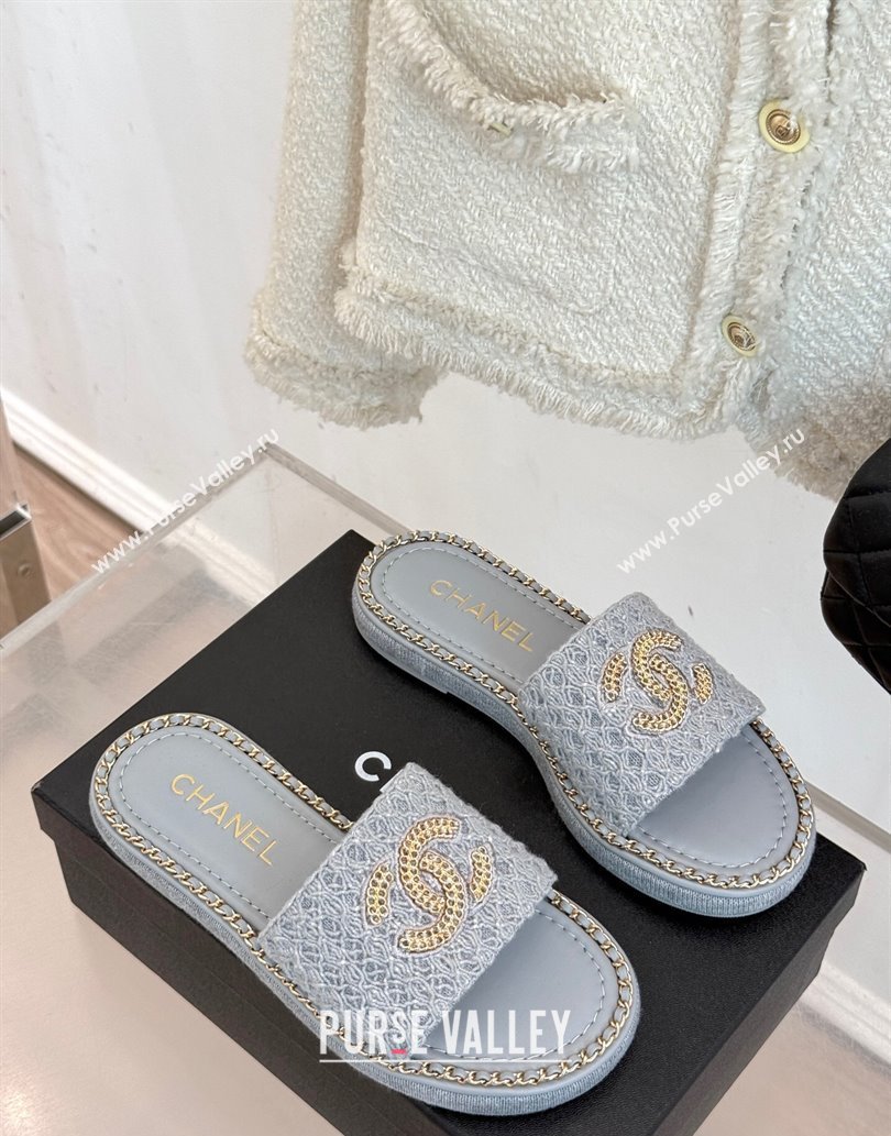 Chanel Knit Flat Slides Sandal with Chain Grey 2025 CH061001 (MD-250610005)