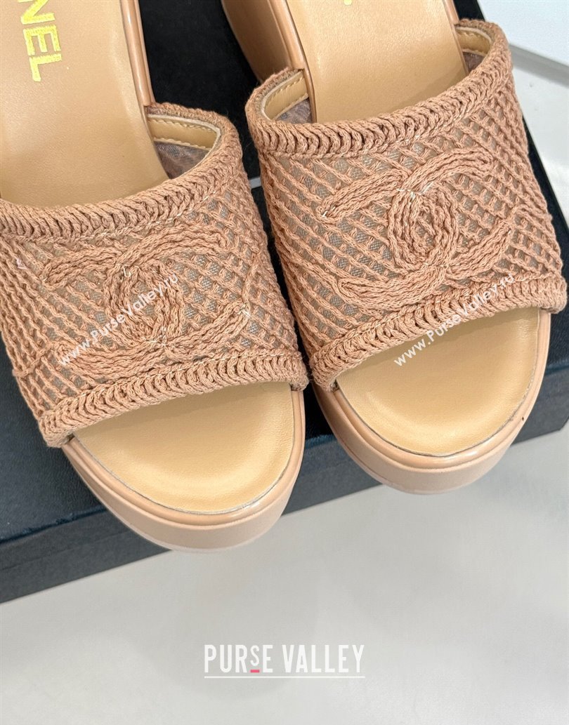 Chanel Crochet Mesh Wedge Slides Sandal Rose Beige 2025 CH061005 (MD-250610023)