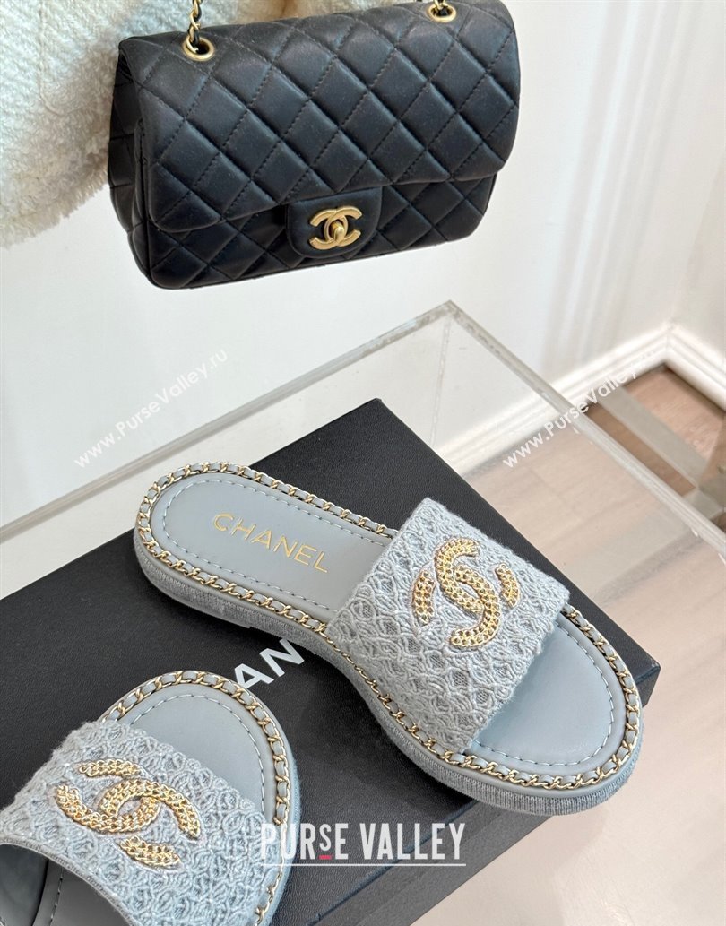 Chanel Knit Flat Slides Sandal with Chain Grey 2025 CH061001 (MD-250610005)