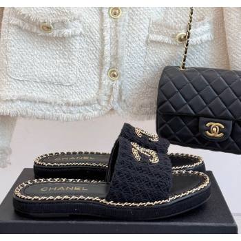 Chanel Knit Flat Slides Sandal with Chain Black 2025 CH061001 (MD-250610006)