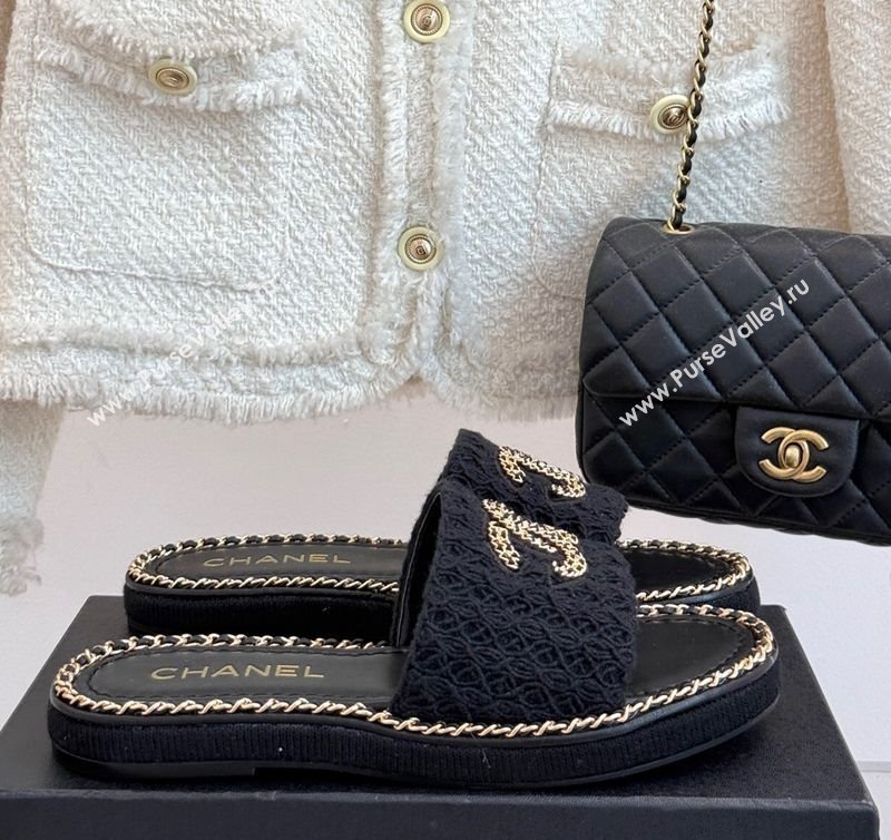 Chanel Knit Flat Slides Sandal with Chain Black 2025 CH061001 (MD-250610006)