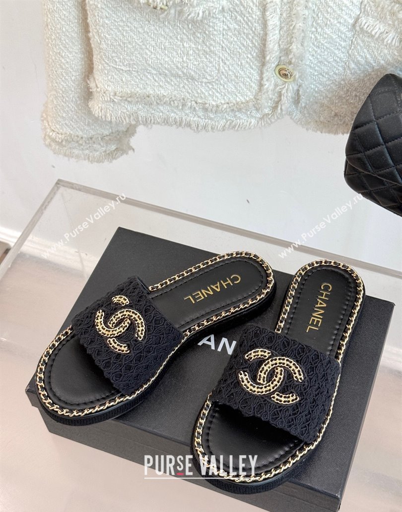 Chanel Knit Flat Slides Sandal with Chain Black 2025 CH061001 (MD-250610006)