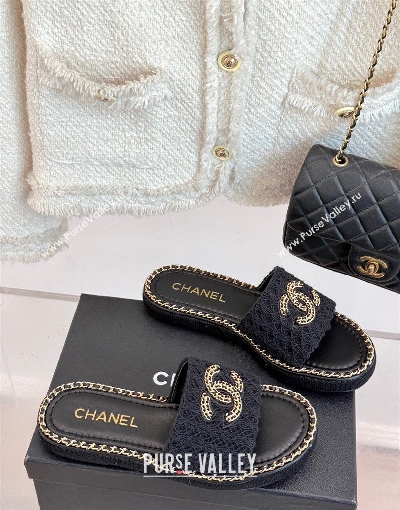 Chanel Knit Flat Slides Sandal with Chain Black 2025 CH061001 (MD-250610006)