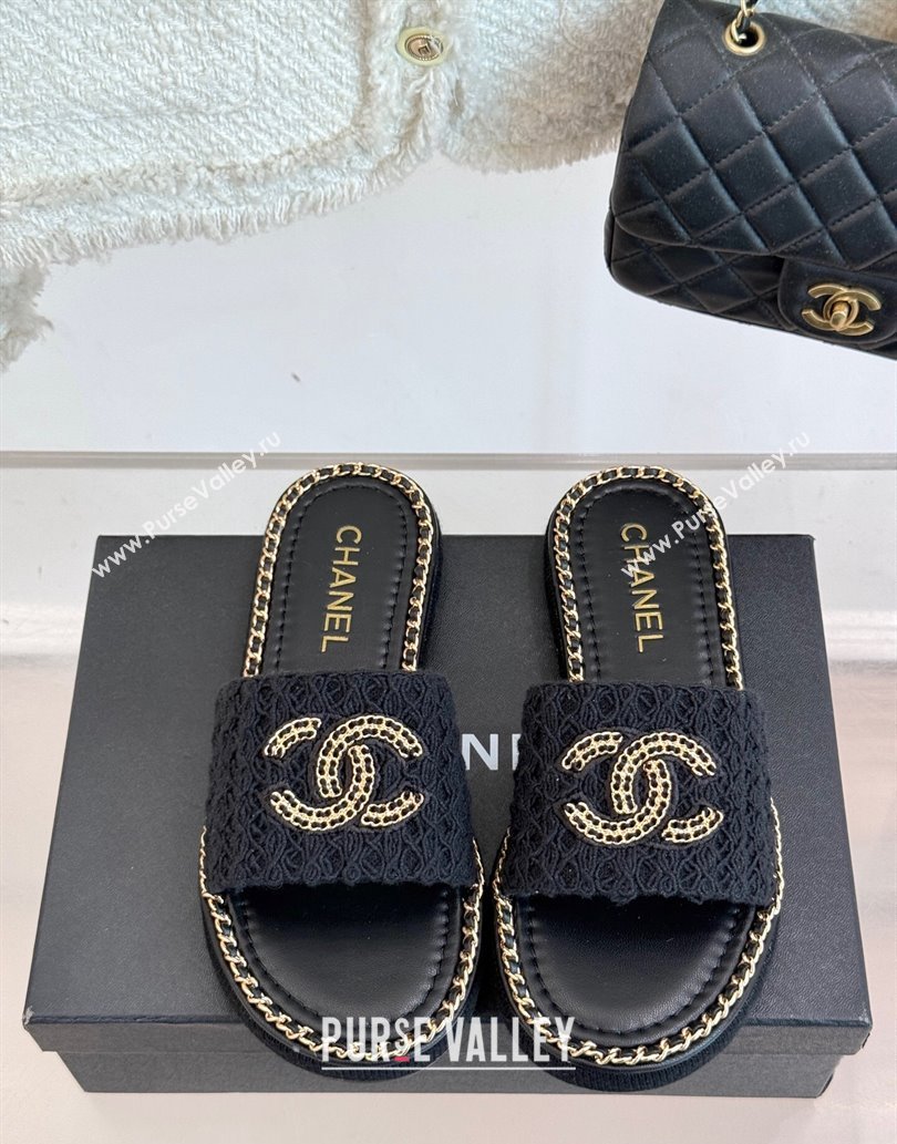 Chanel Knit Flat Slides Sandal with Chain Black 2025 CH061001 (MD-250610006)