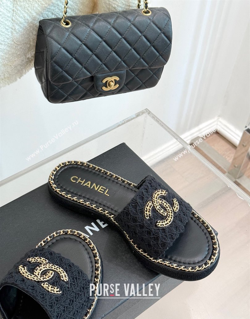 Chanel Knit Flat Slides Sandal with Chain Black 2025 CH061001 (MD-250610006)