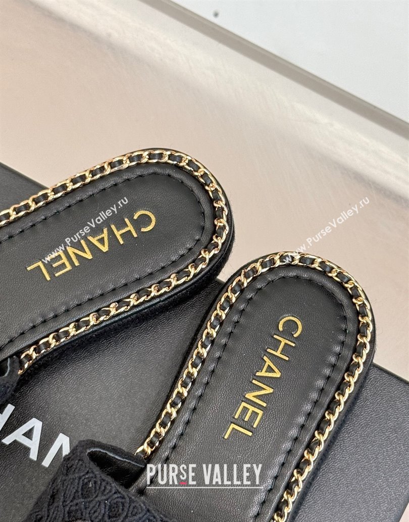 Chanel Knit Flat Slides Sandal with Chain Black 2025 CH061001 (MD-250610006)