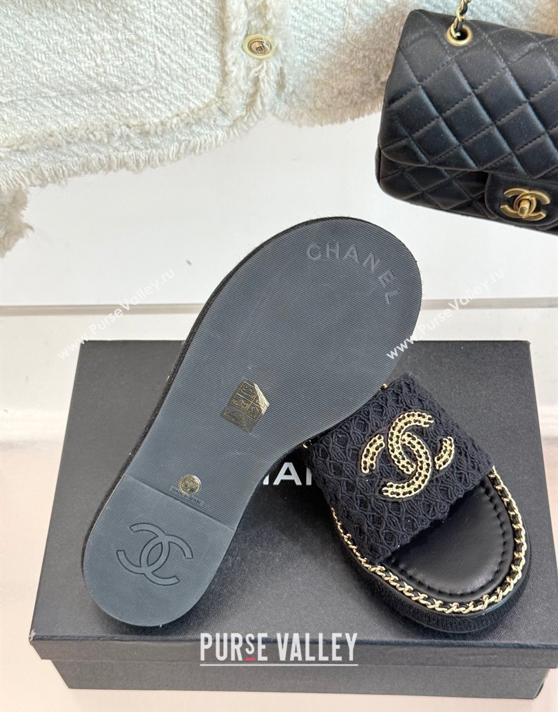 Chanel Knit Flat Slides Sandal with Chain Black 2025 CH061001 (MD-250610006)