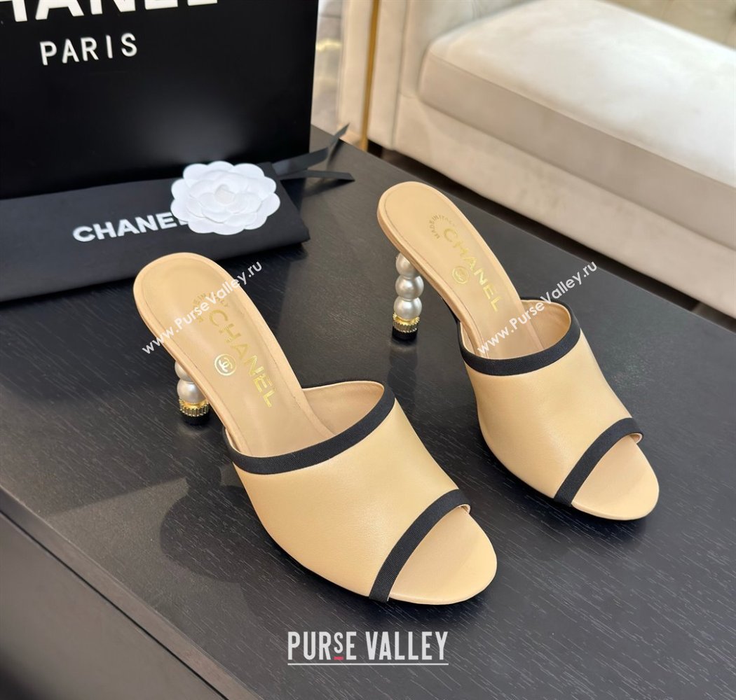 Chanel Calfskin Slides Sandal 8.5cm with Pearls Heel Beige 2025 CH061009 (MD-250610039)