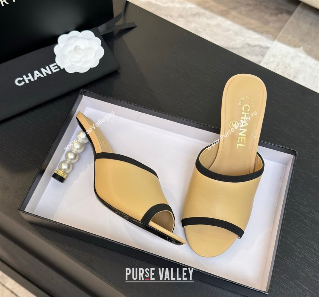 Chanel Calfskin Slides Sandal 8.5cm with Pearls Heel Beige 2025 CH061009 (MD-250610039)