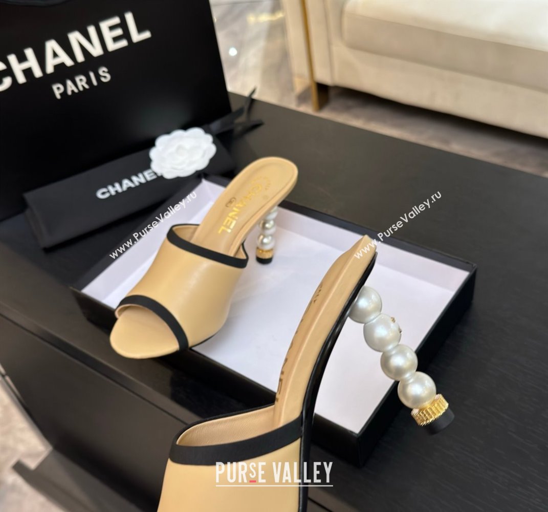 Chanel Calfskin Slides Sandal 8.5cm with Pearls Heel Beige 2025 CH061009 (MD-250610039)