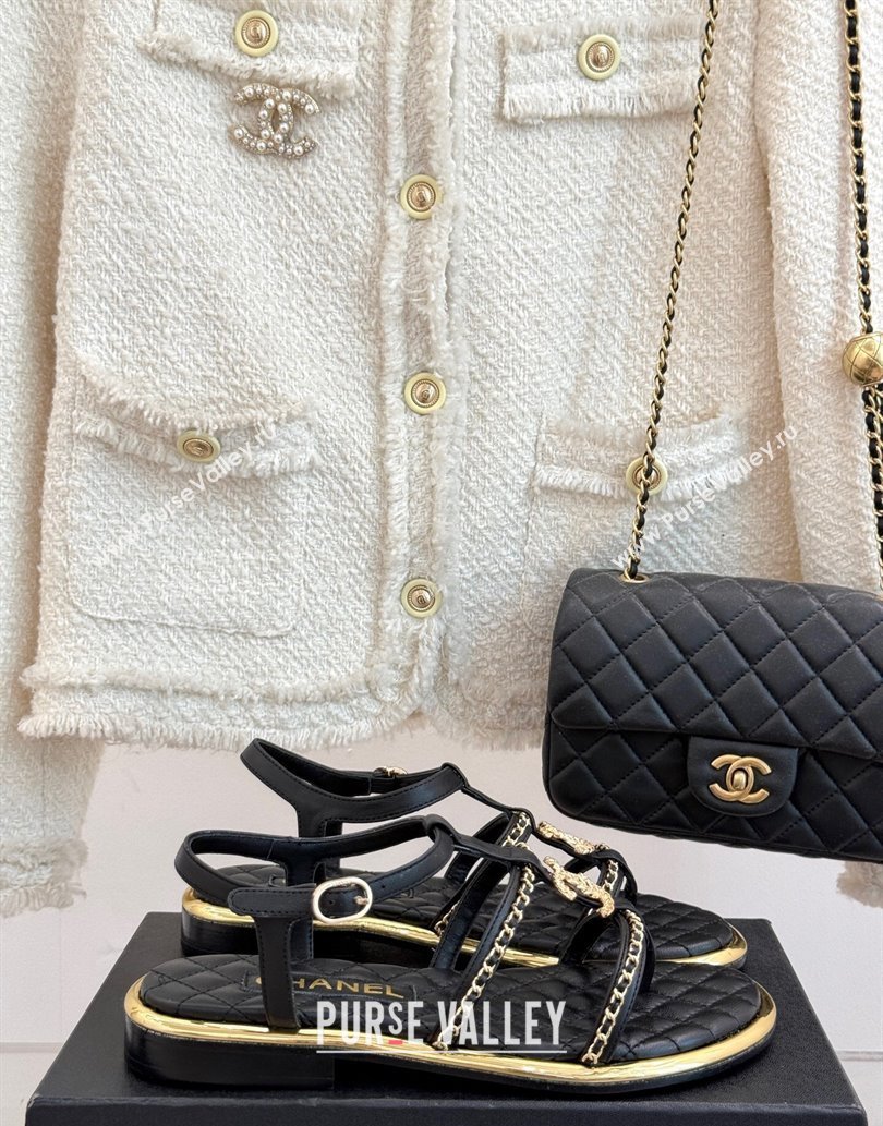 Chanel Calfskin Flat Sandals with Chain Black 2025 CH061002 (MD-250610007)