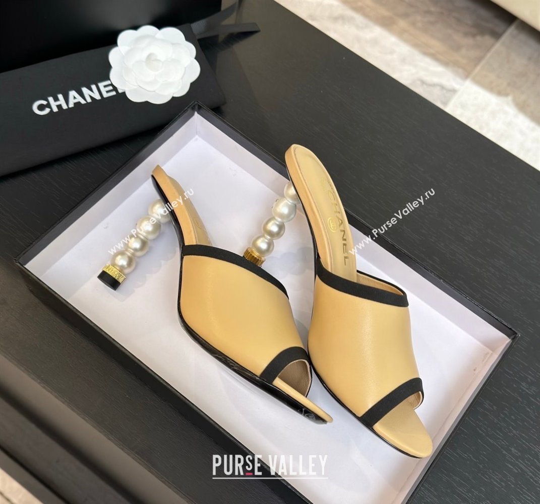Chanel Calfskin Slides Sandal 8.5cm with Pearls Heel Beige 2025 CH061009 (MD-250610039)