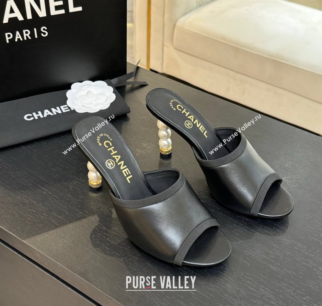 Chanel Calfskin Slides Sandal 8.5cm with Pearls Heel Black 2025 CH061009 (MD-250610040)