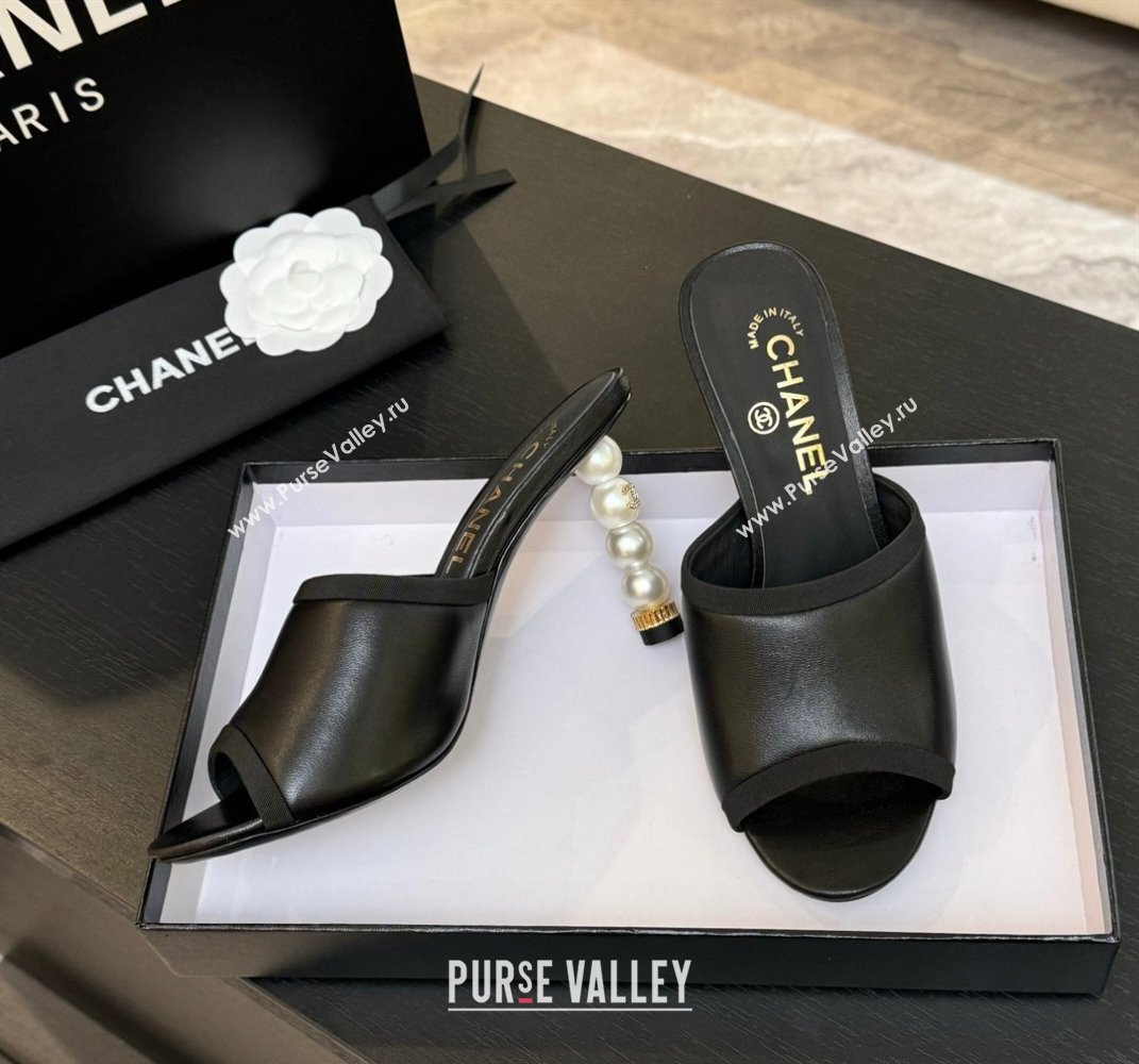 Chanel Calfskin Slides Sandal 8.5cm with Pearls Heel Black 2025 CH061009 (MD-250610040)