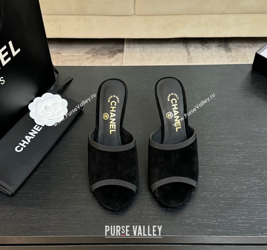 Chanel Suede Slides Sandal 8.5cm with Pearls Heel Black 2025 CH061009 (MD-250610041)