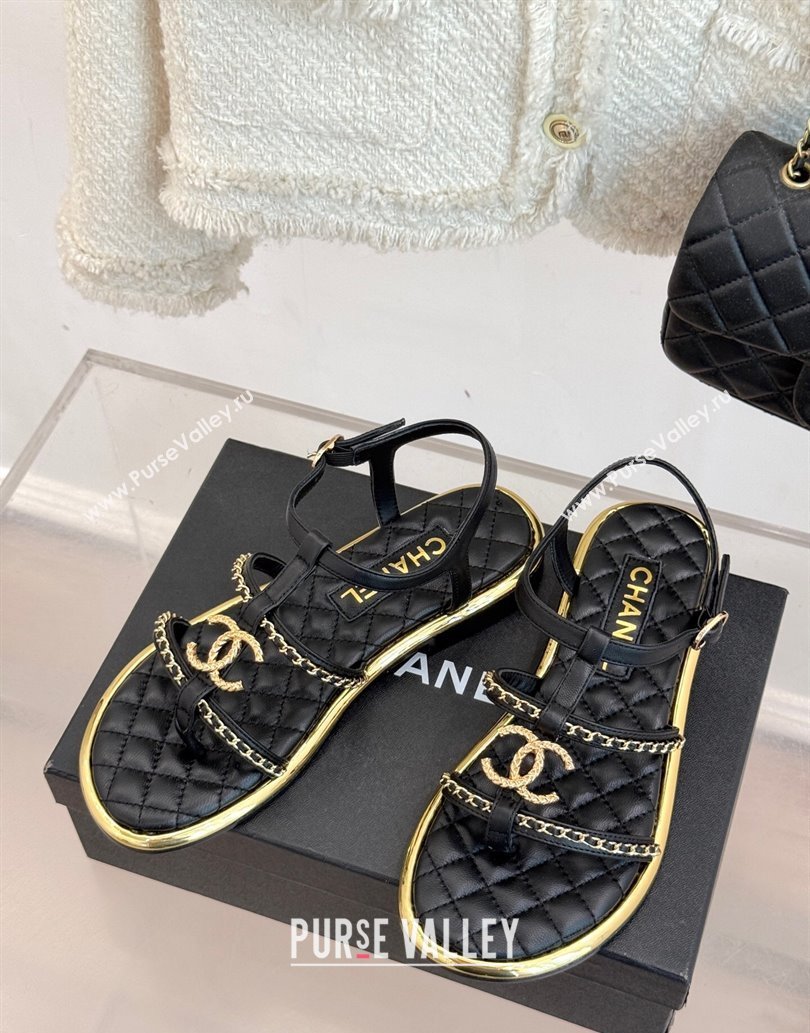 Chanel Calfskin Flat Sandals with Chain Black 2025 CH061002 (MD-250610007)