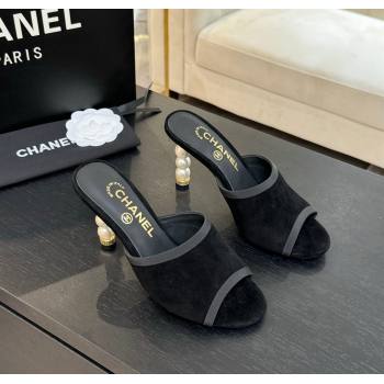 Chanel Suede Slides Sandal 8.5cm with Pearls Heel Black 2025 CH061009 (MD-250610041)