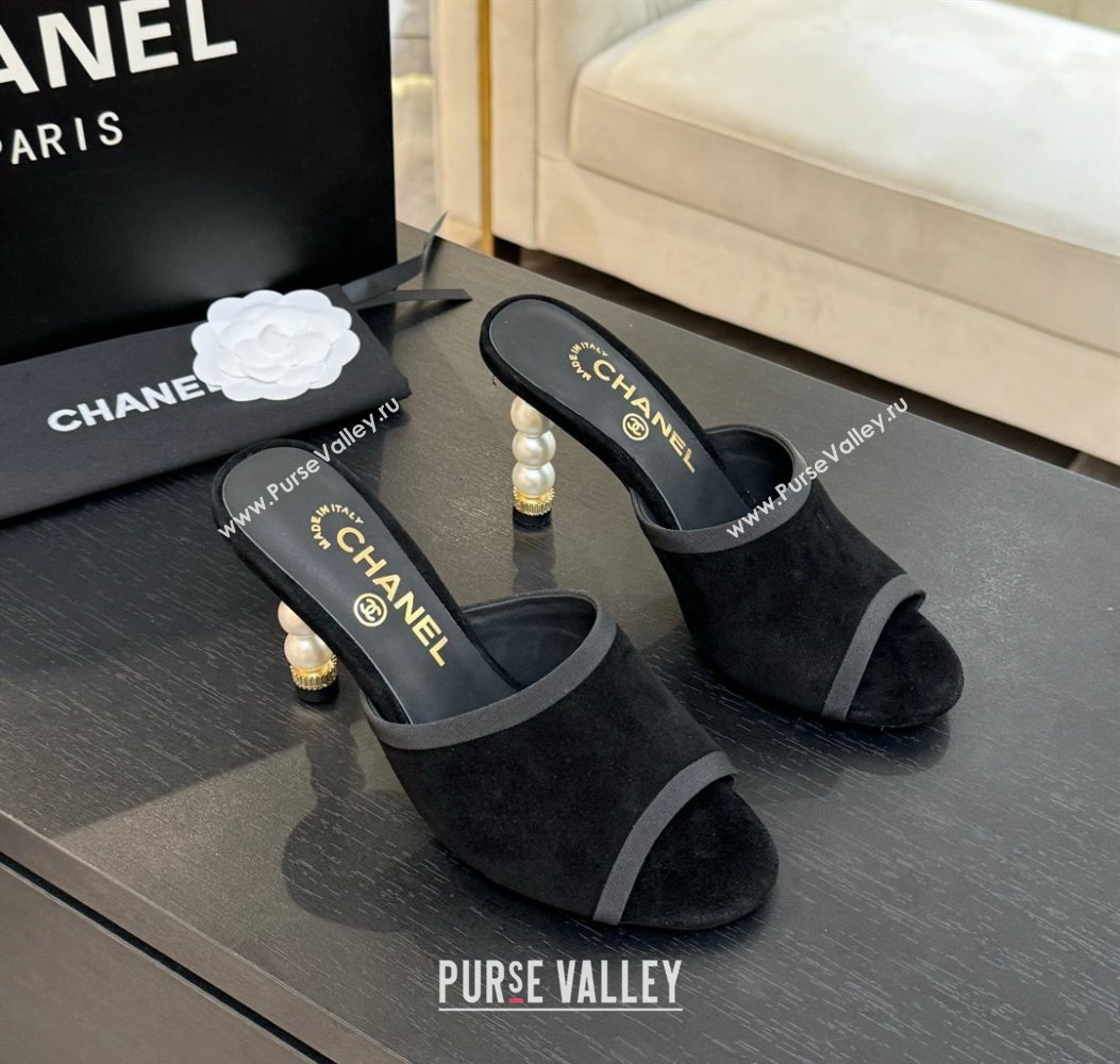 Chanel Suede Slides Sandal 8.5cm with Pearls Heel Black 2025 CH061009 (MD-250610041)