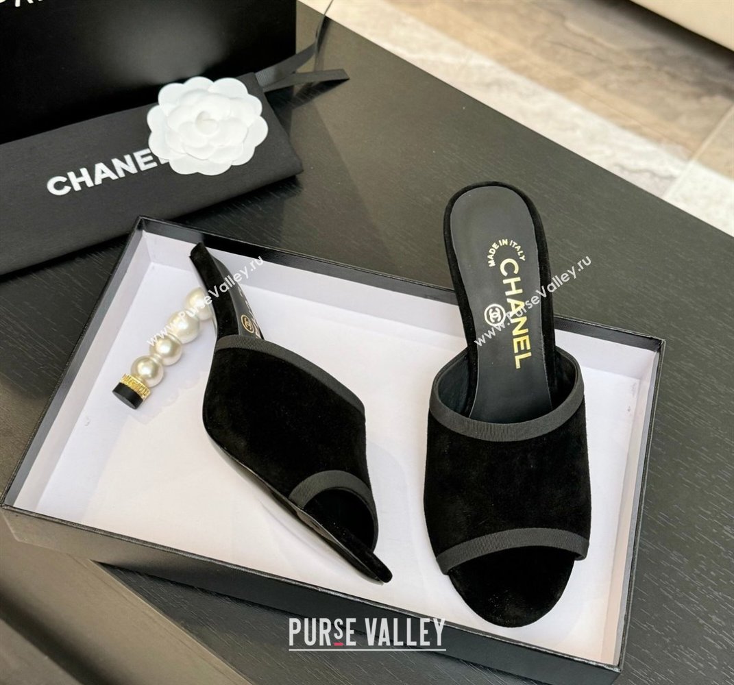 Chanel Suede Slides Sandal 8.5cm with Pearls Heel Black 2025 CH061009 (MD-250610041)