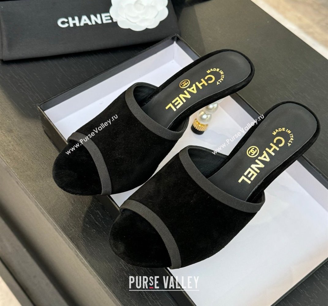 Chanel Suede Slides Sandal 8.5cm with Pearls Heel Black 2025 CH061009 (MD-250610041)