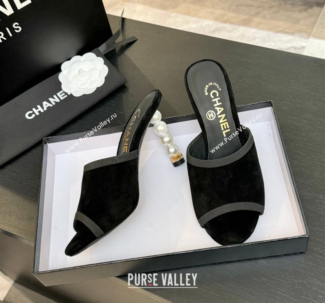 Chanel Suede Slides Sandal 8.5cm with Pearls Heel Black 2025 CH061009 (MD-250610041)