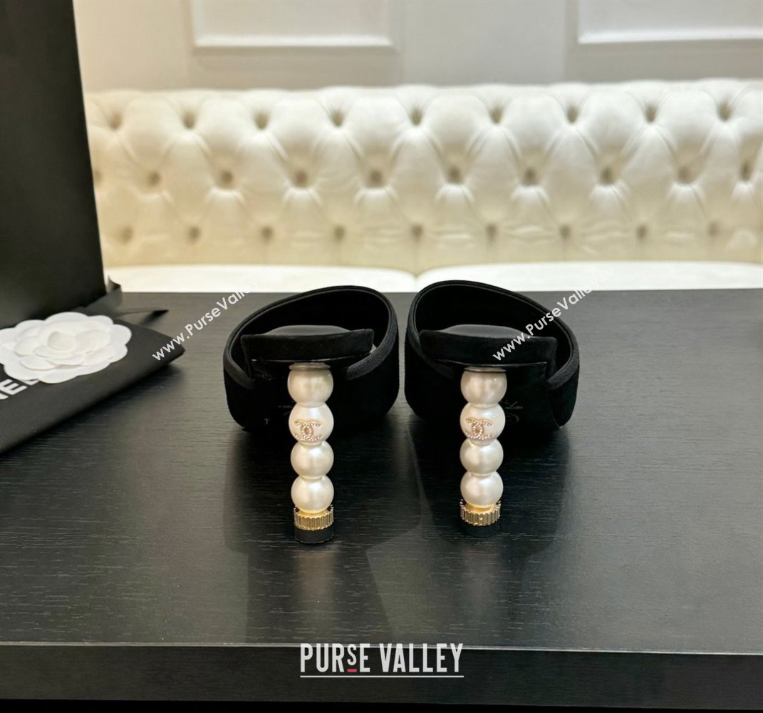 Chanel Suede Slides Sandal 8.5cm with Pearls Heel Black 2025 CH061009 (MD-250610041)