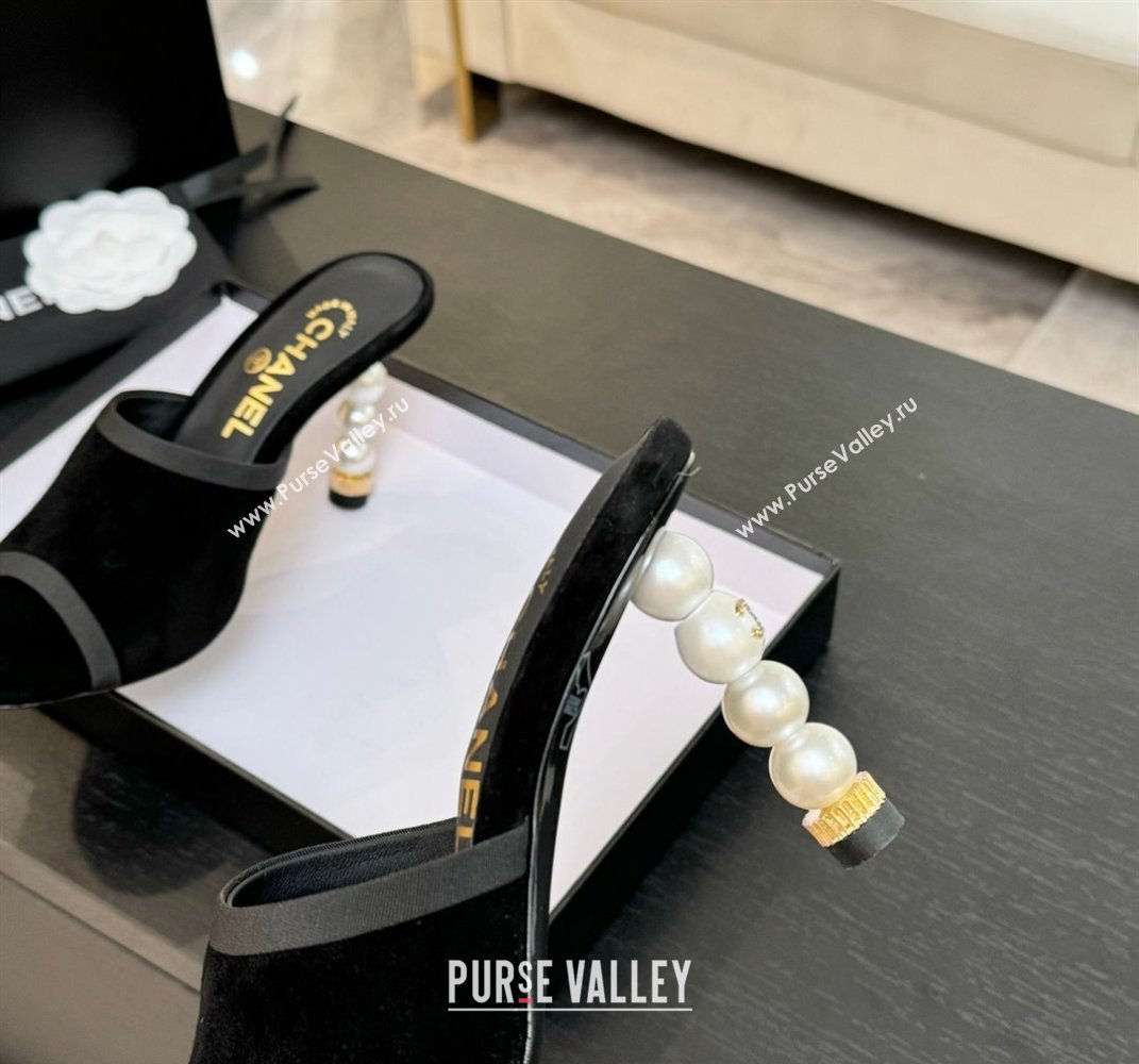 Chanel Suede Slides Sandal 8.5cm with Pearls Heel Black 2025 CH061009 (MD-250610041)