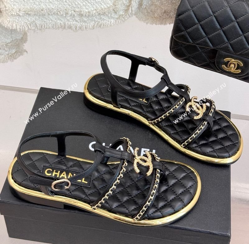 Chanel Calfskin Flat Sandals with Chain Black 2025 CH061002 (MD-250610007)
