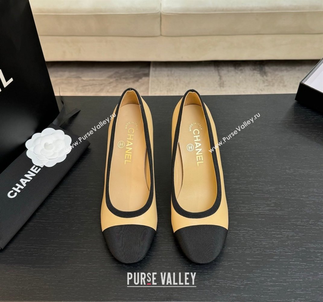 Chanel Calfskin Grosgrain Pumps 8.5cm with Pearls Heel Beige 2025 CH061009 (MD-250610042)
