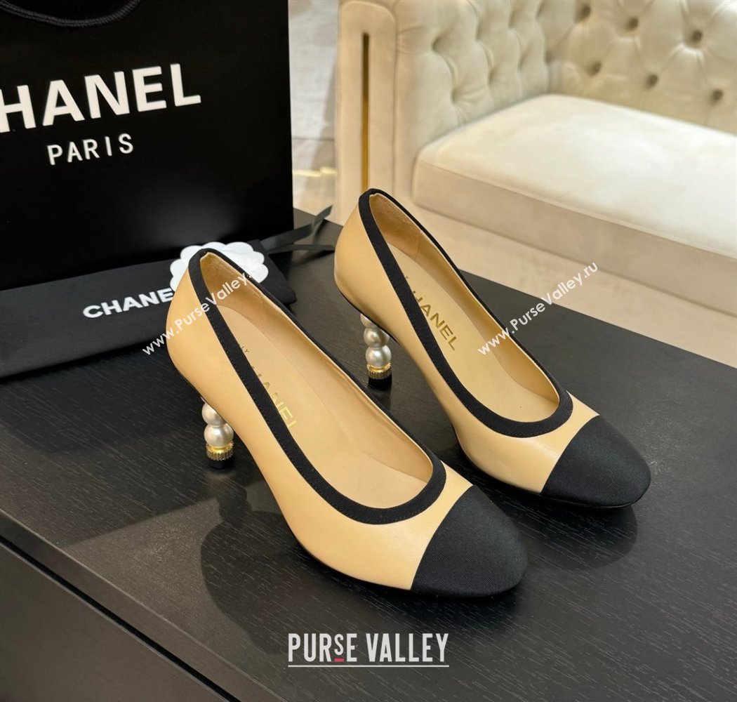Chanel Calfskin Grosgrain Pumps 8.5cm with Pearls Heel Beige 2025 CH061009 (MD-250610042)