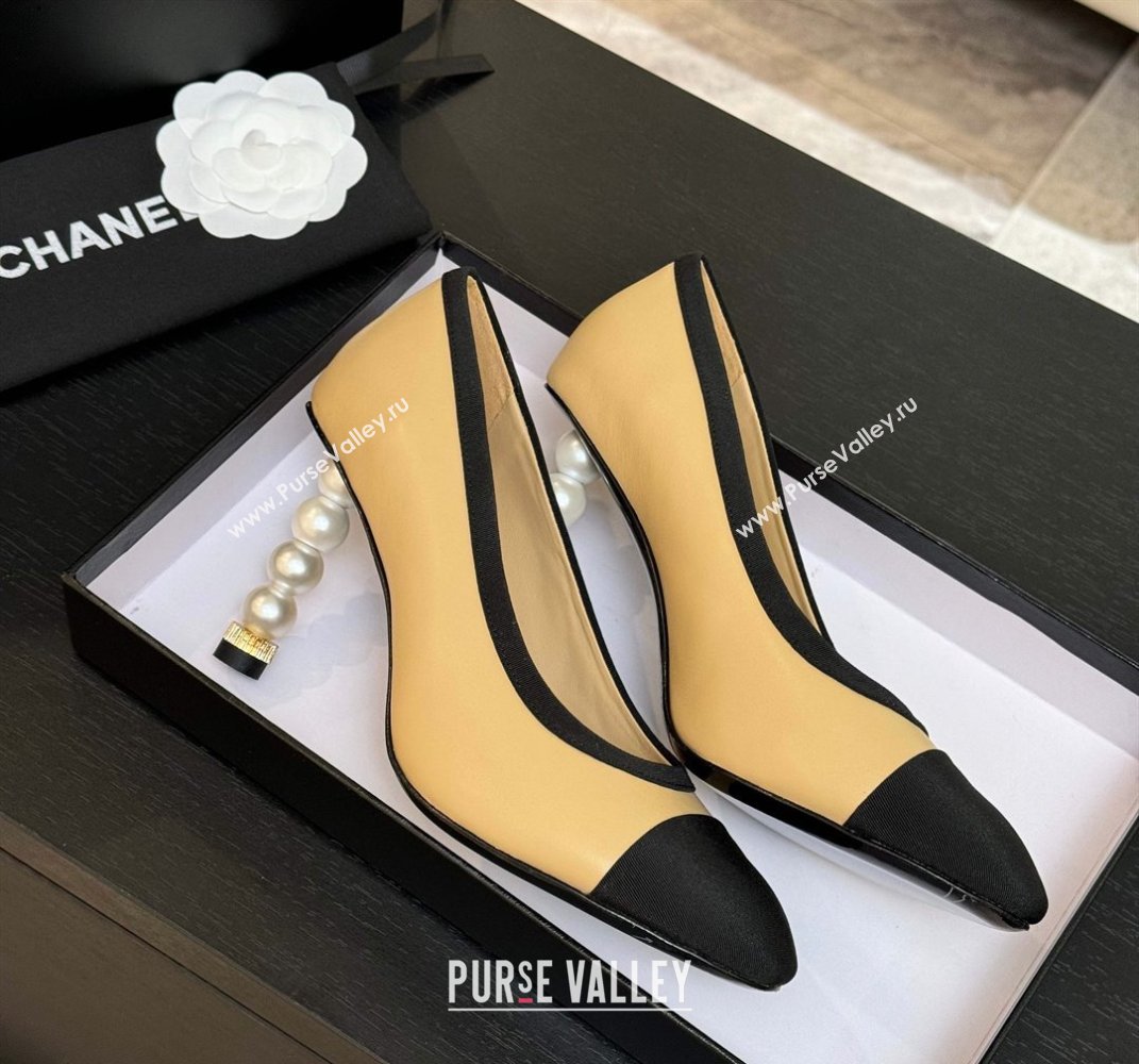 Chanel Calfskin Grosgrain Pumps 8.5cm with Pearls Heel Beige 2025 CH061009 (MD-250610042)