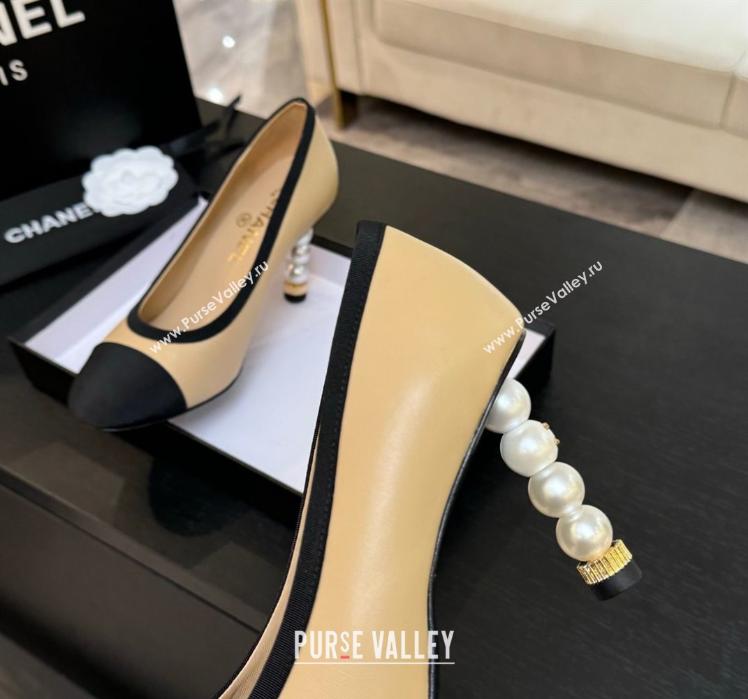 Chanel Calfskin Grosgrain Pumps 8.5cm with Pearls Heel Beige 2025 CH061009 (MD-250610042)
