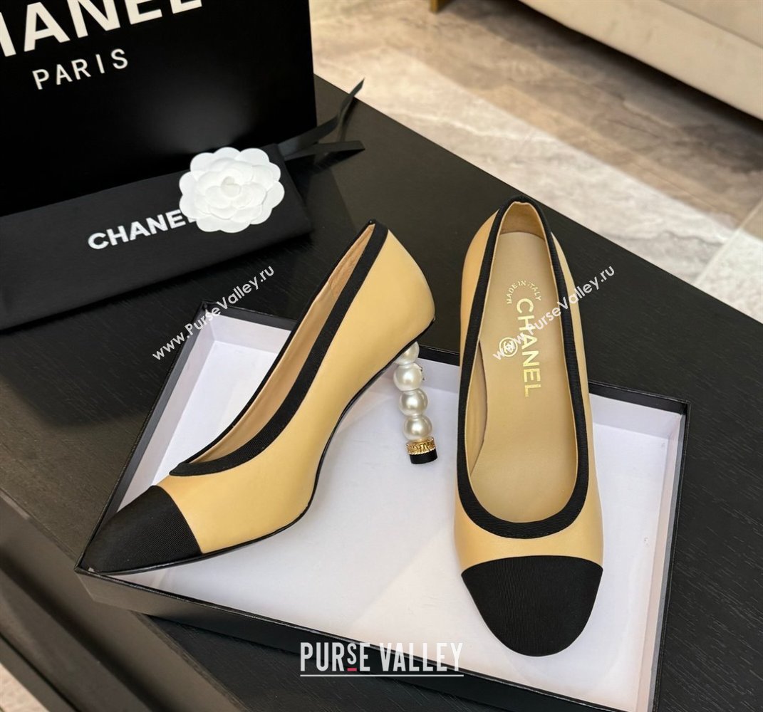 Chanel Calfskin Grosgrain Pumps 8.5cm with Pearls Heel Beige 2025 CH061009 (MD-250610042)