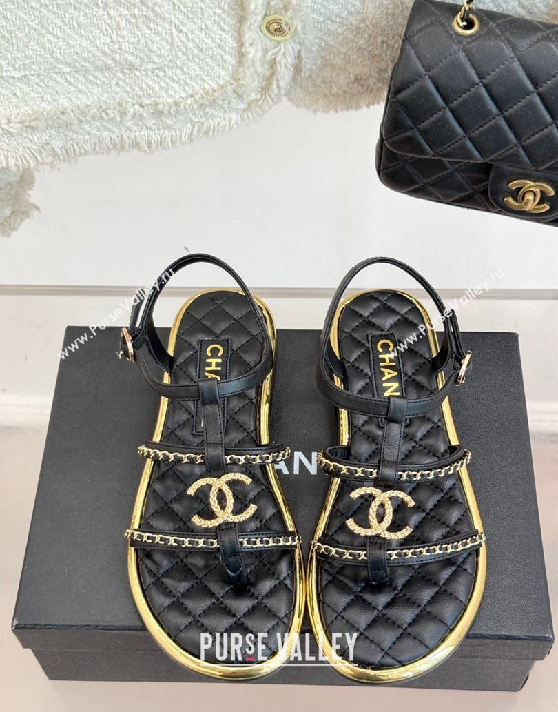 Chanel Calfskin Flat Sandals with Chain Black 2025 CH061002 (MD-250610007)